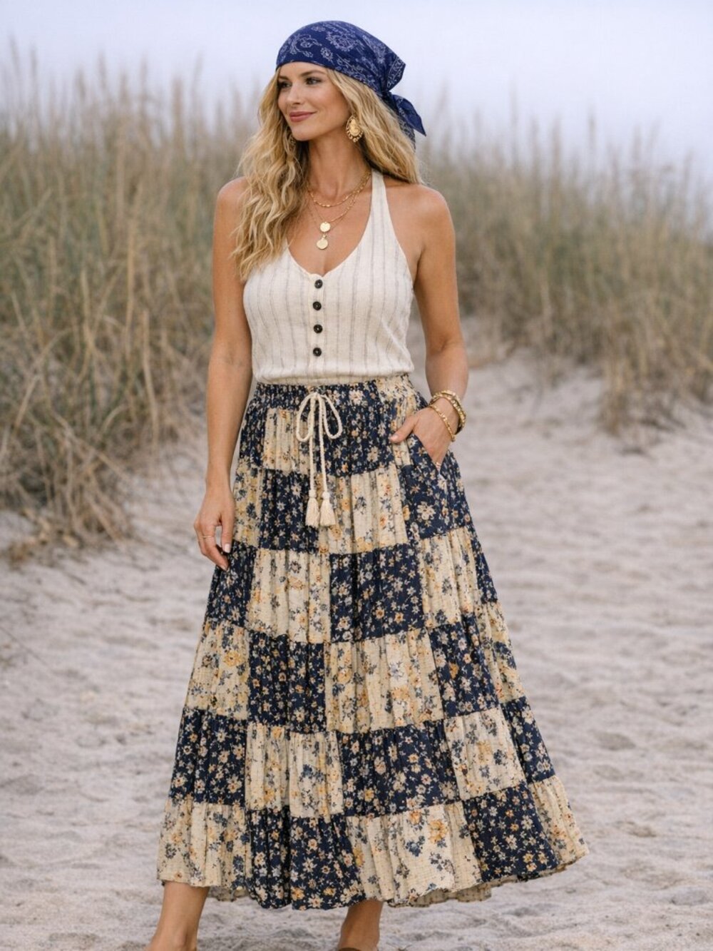422 -  Boho Patchwork Floral Maxi Skirt | Drawstring Waist Cottagecore Y2K